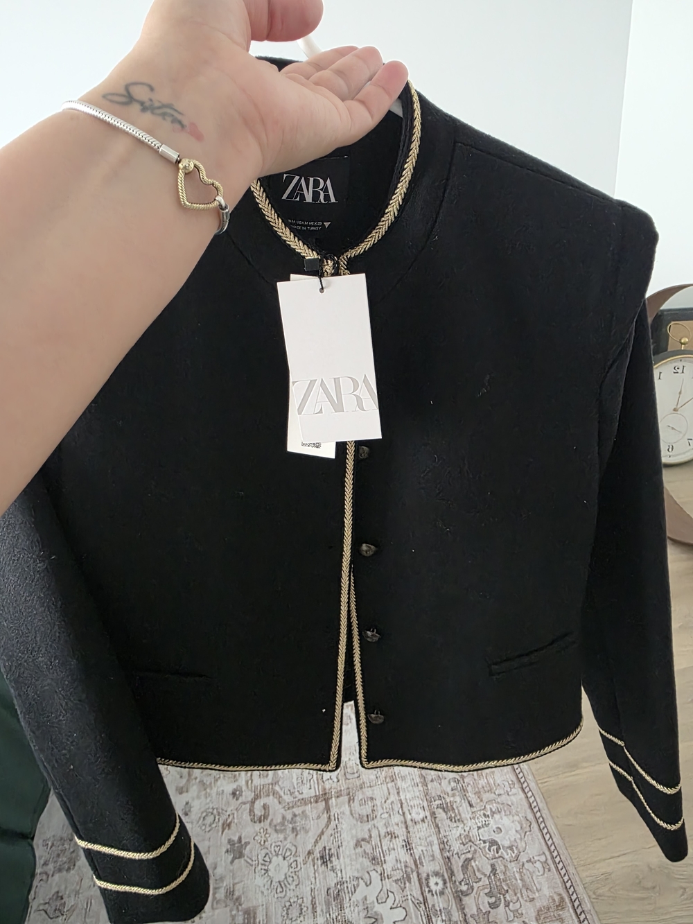 Zara Black Cropped Blazer with Gold Braid Trim
